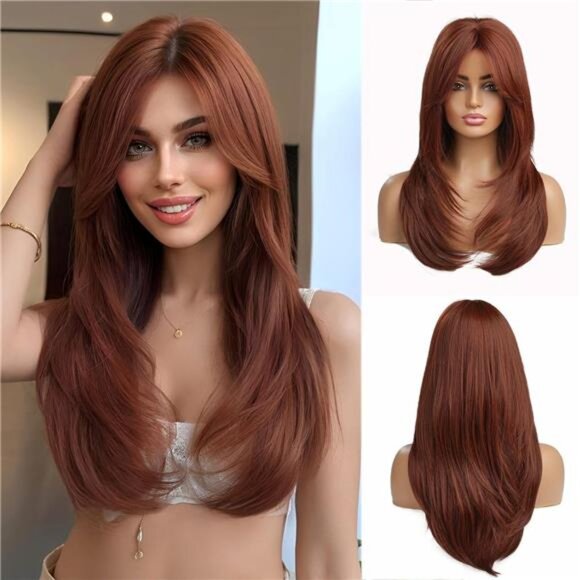 Long Auburn Women's Wig Layered Synthetic Hair Wig with Dark Roots Auburn